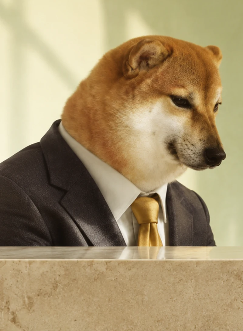 Cheems looking down sternly from behind the marble counter